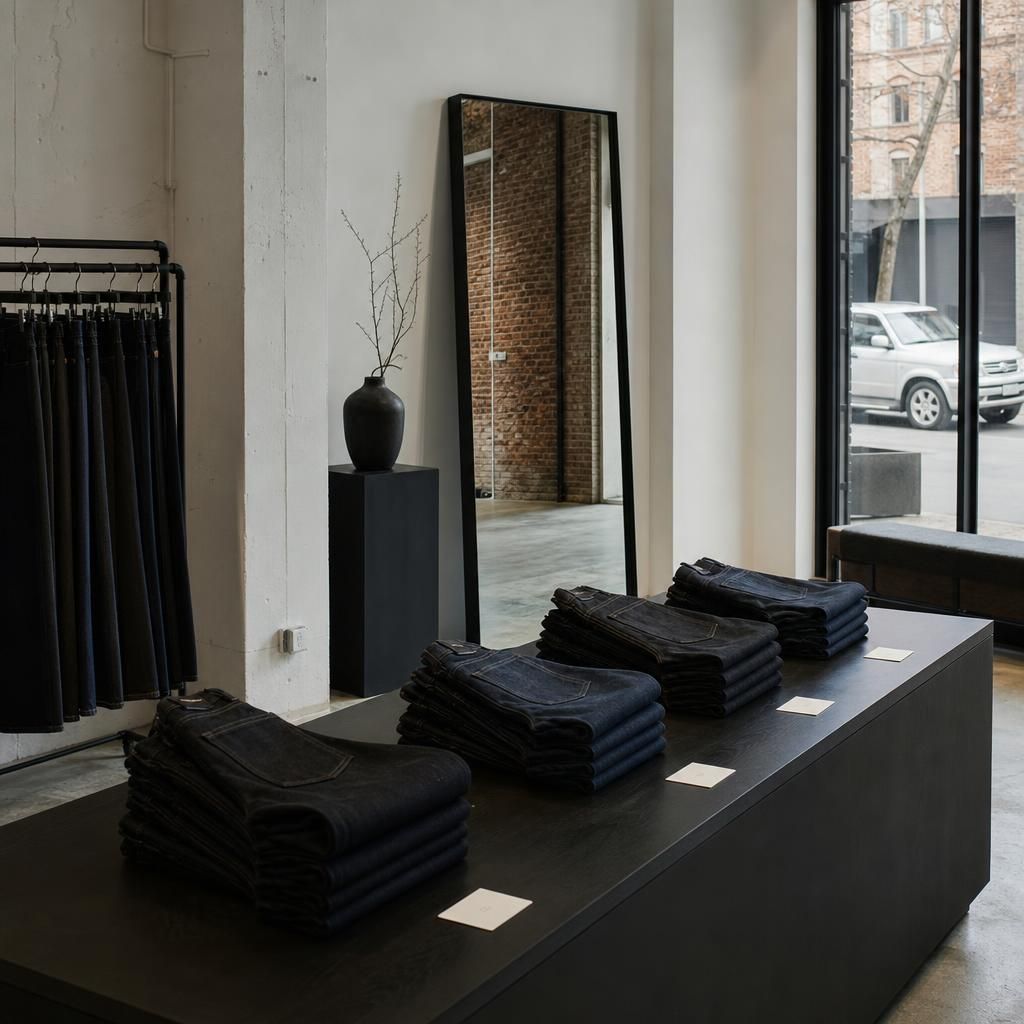 Empty denim showroom with folded black and indigo jeans