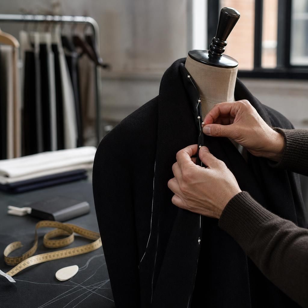 Hands pinning a black coat on a dress form in atelier