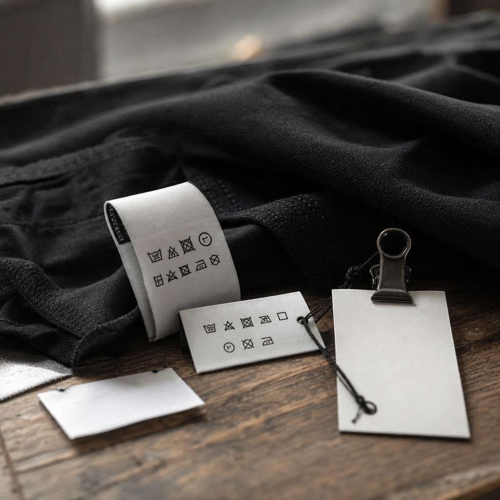 Fabric swatches and garment tags on a wooden table in a studio