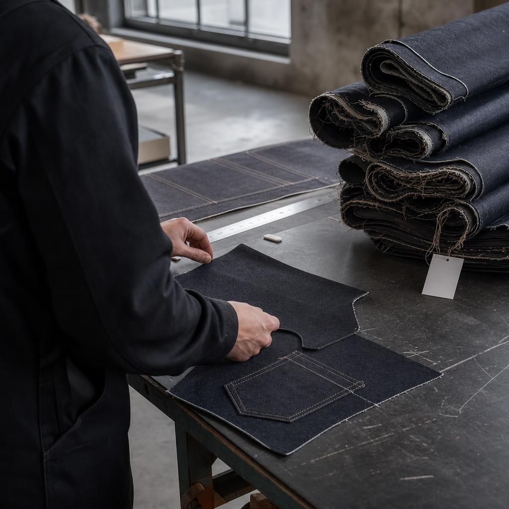 Hands sorting deadstock denim on a cutting table