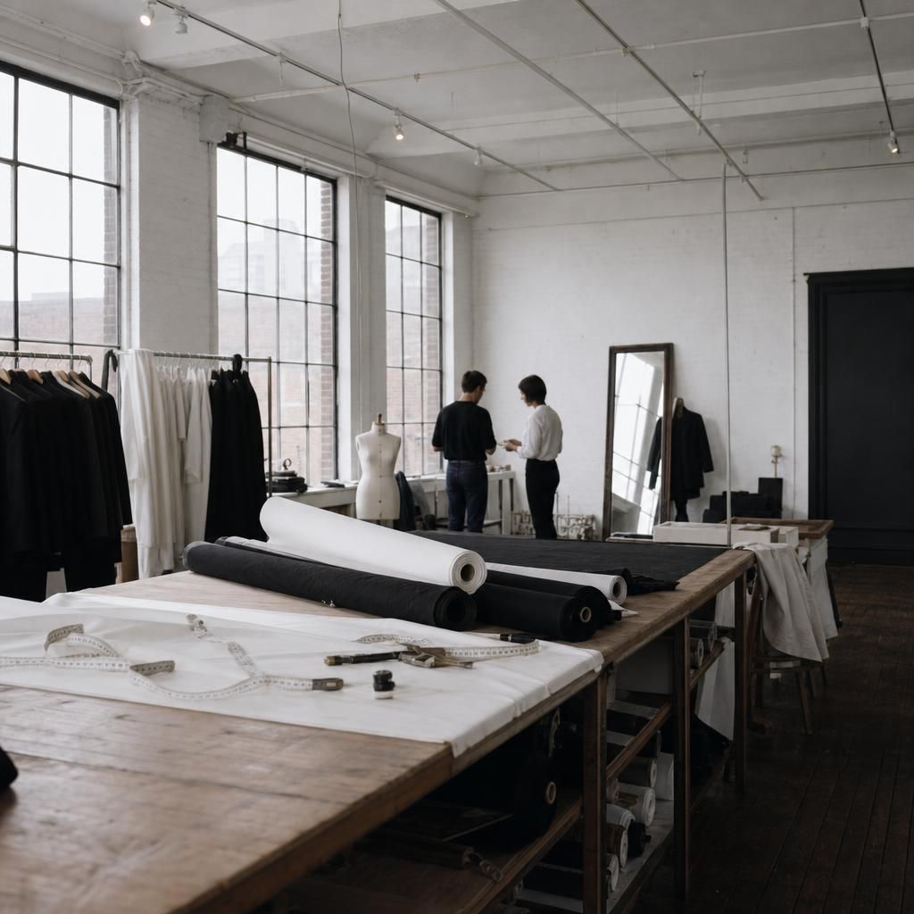 Tailoring studio with fabrics, mirror, and measuring tape