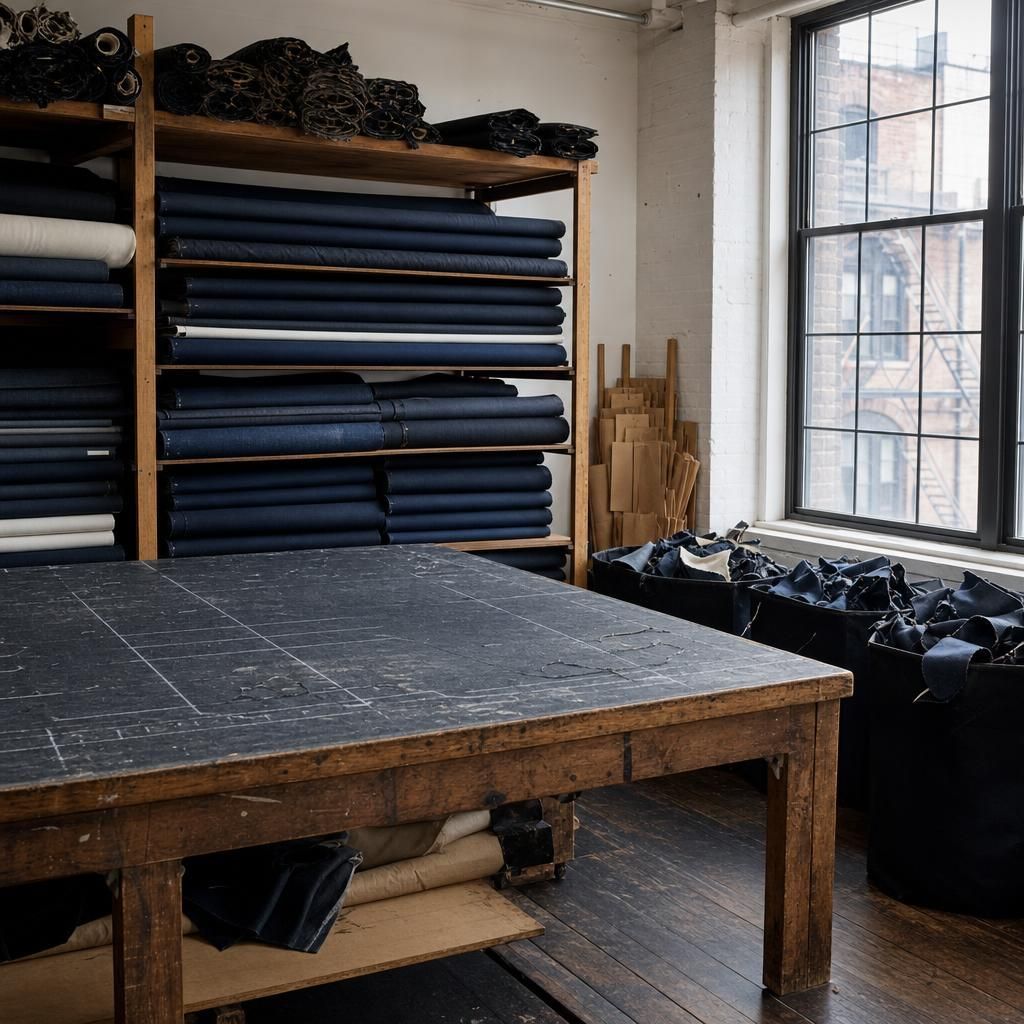 Empty denim workshop with stacked deadstock fabric bolts