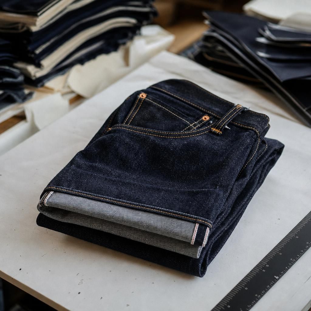 Folded deadstock denim jeans on a cutting table, close-up.