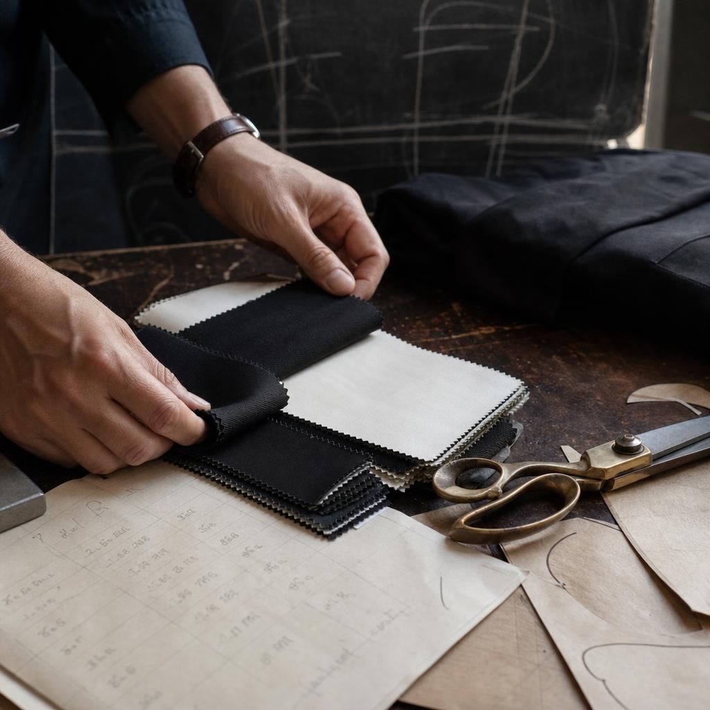 Hands arranging fabric swatches in a tailoring studio