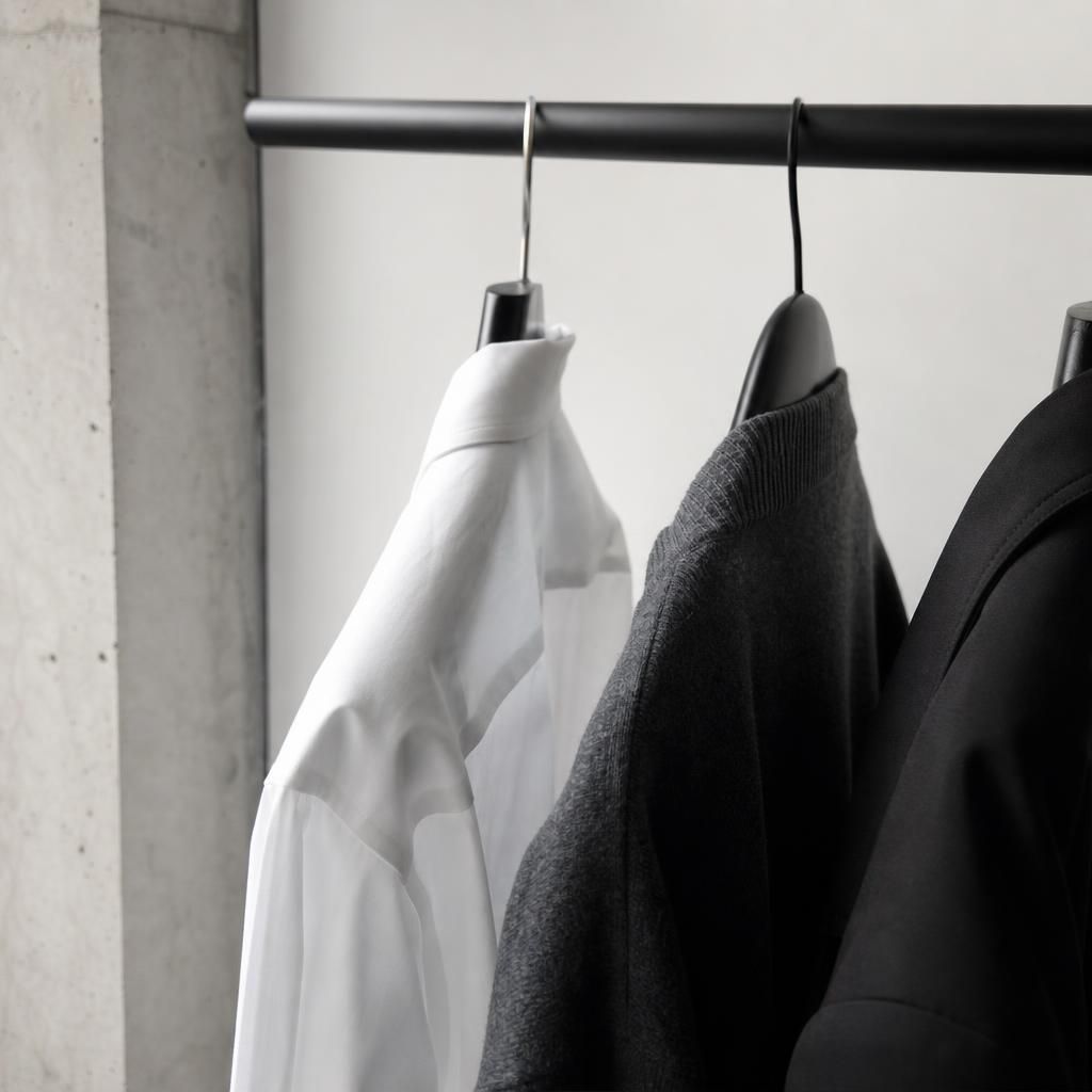Close-up of black, white, and gray garments on a rack.
