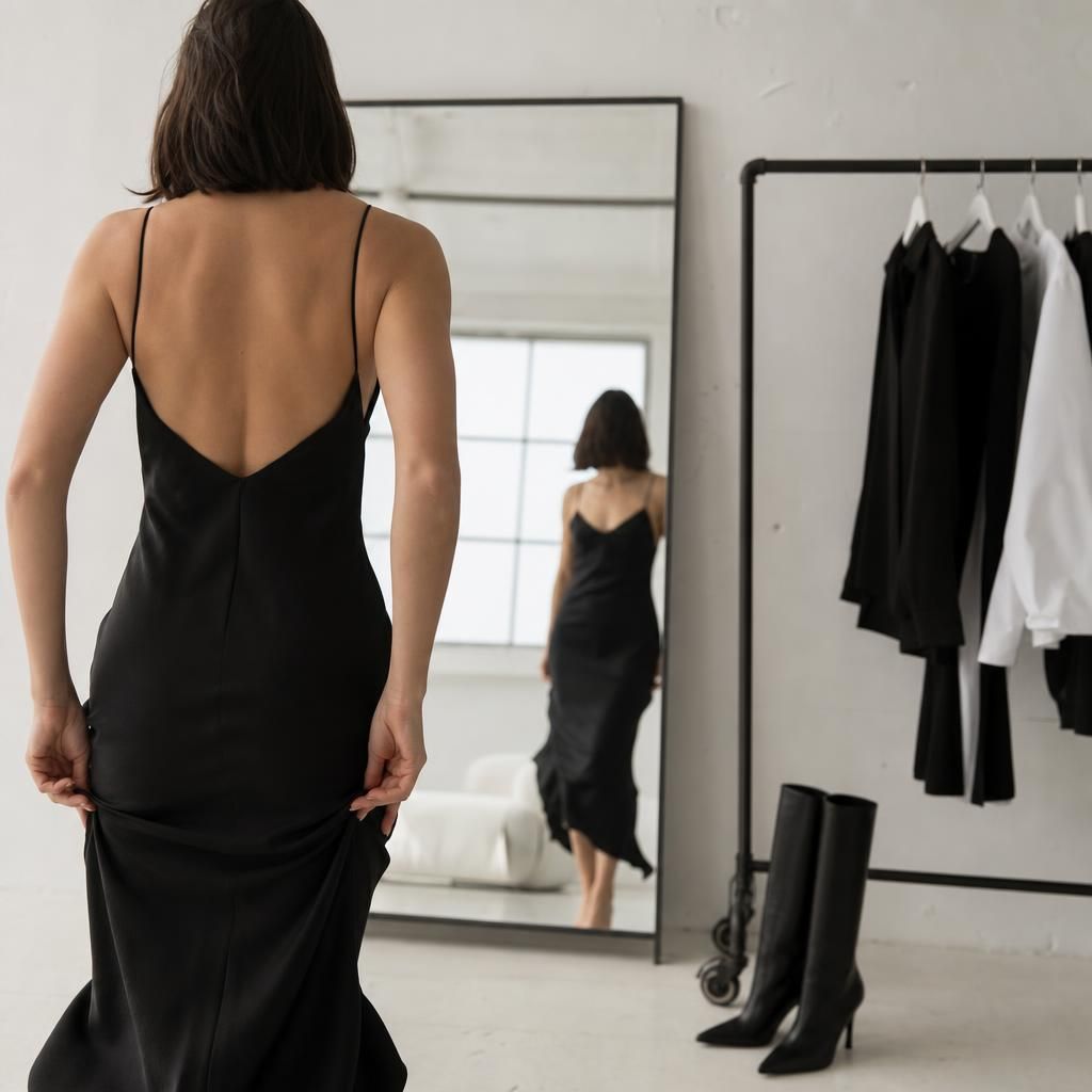 Person adjusting a black dress in a mirror