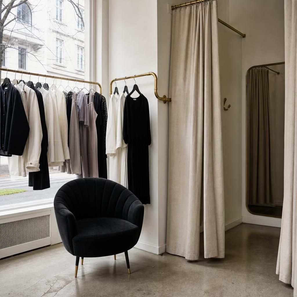 Empty clothing rental boutique fitting room with garments