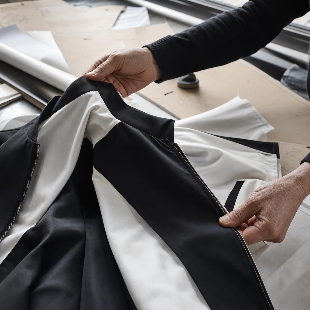 Hands holding reversible black-and-white jacket