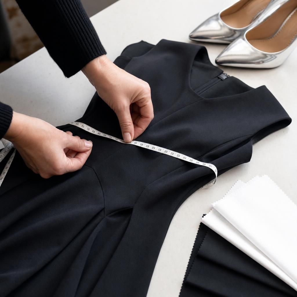 Hands measuring a black dress with tailoring tape