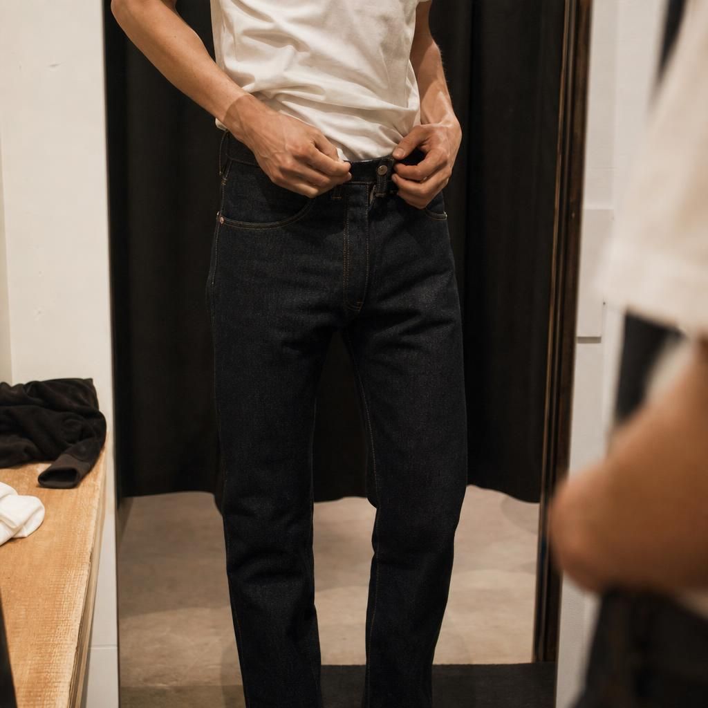 Cropped figure adjusting sustainable designer jeans in fitting room