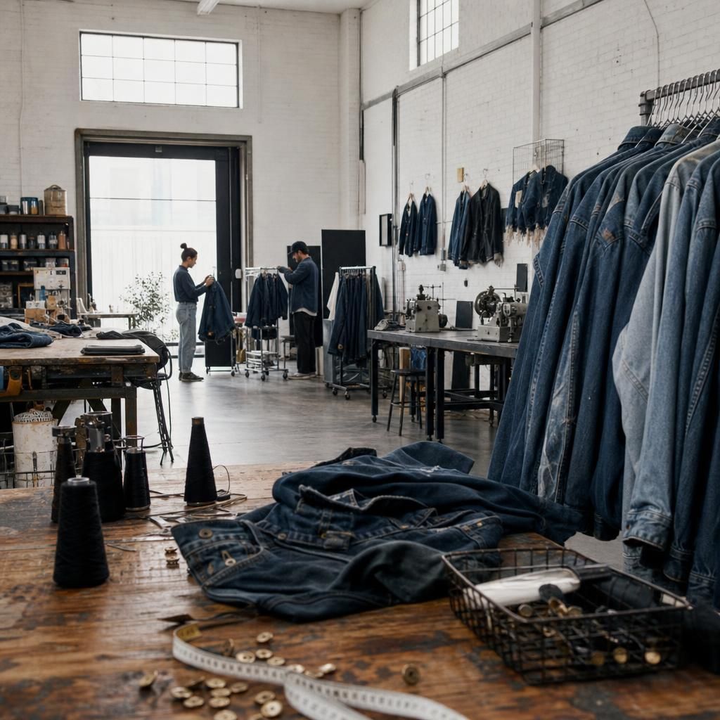 Denim workshop with jackets, tools, and two workers