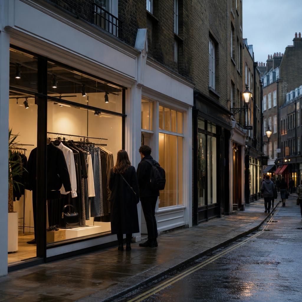 London boutique street with small shoppers and fashion window