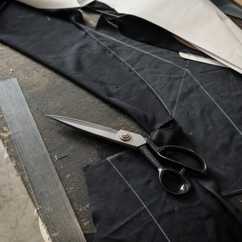 Empty garment workshop with fabric rolls and sewing tables