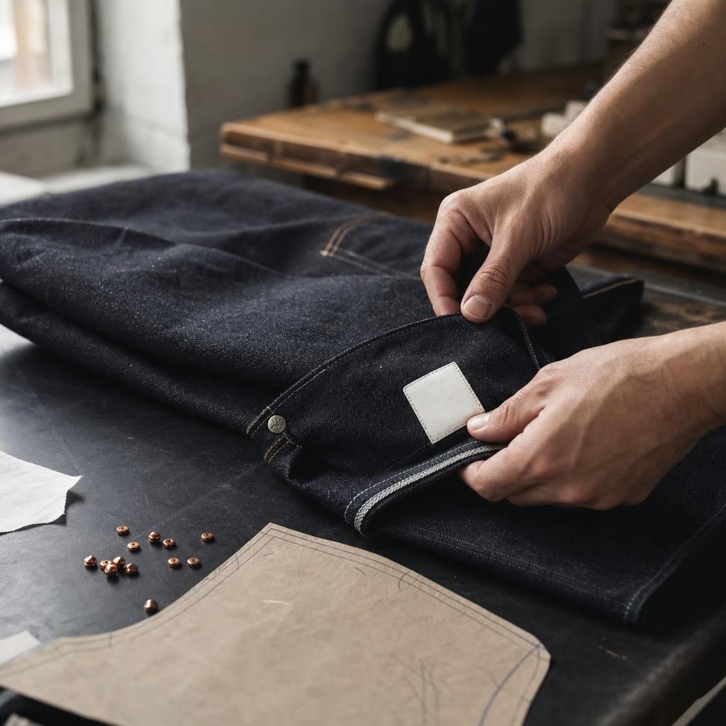 Hands folding dark indigo sustainable denim jeans