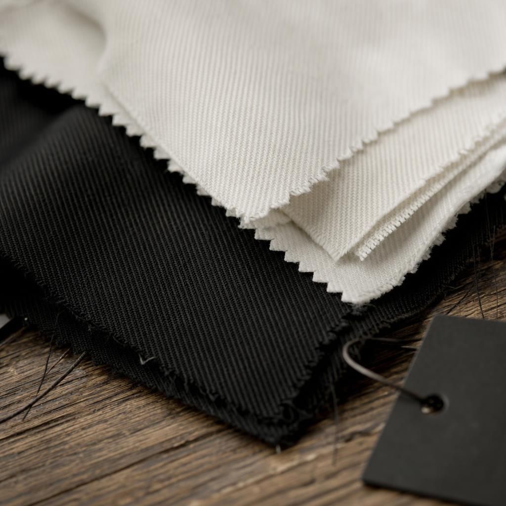 Close-up of black and white fabric swatches on wood