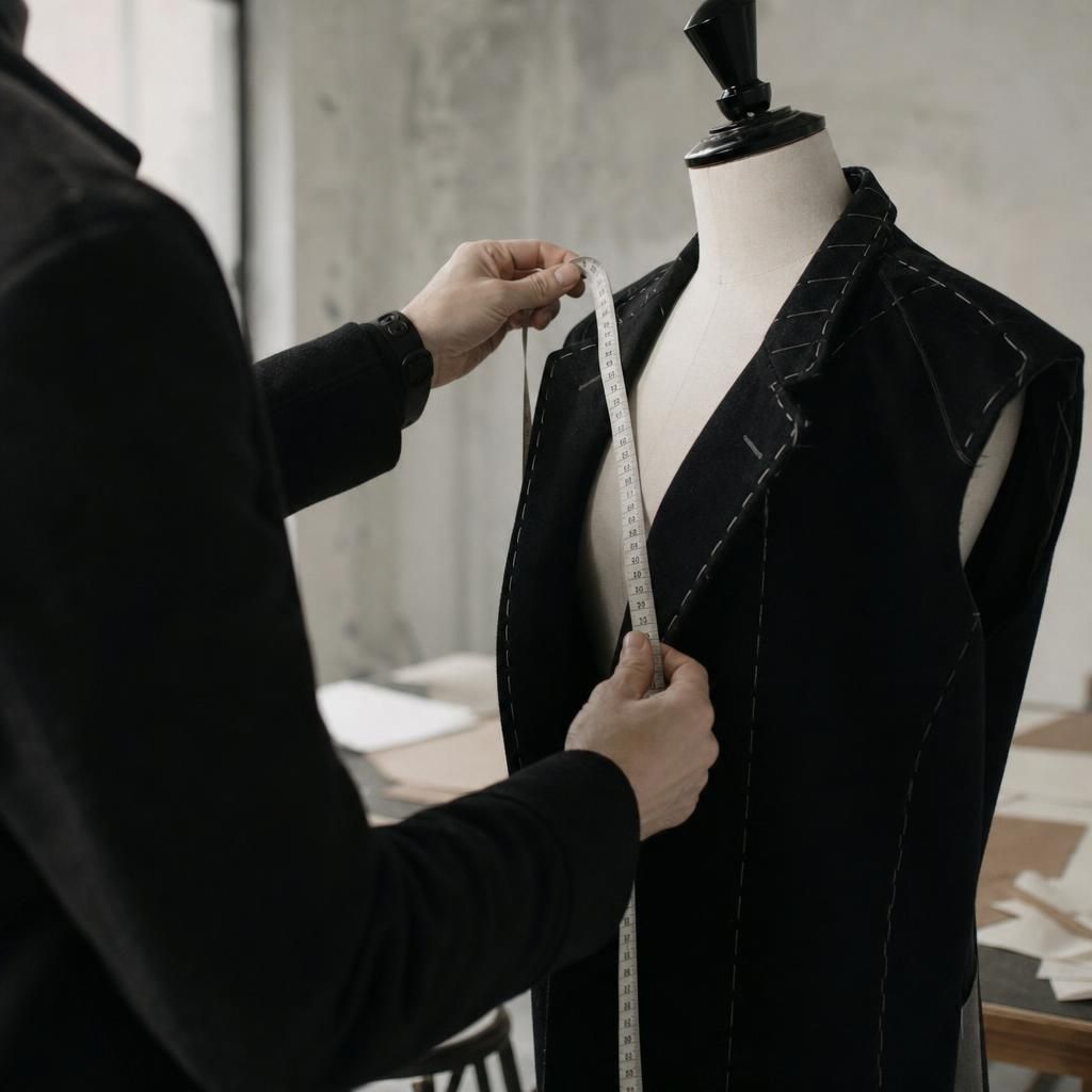 Hands measuring a garment on a dress form