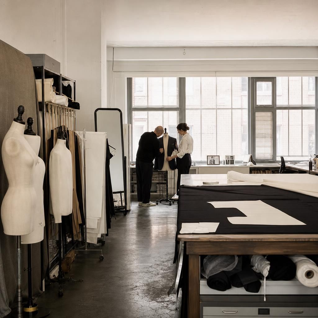 Tailoring studio with mannequins and fabric bolts
