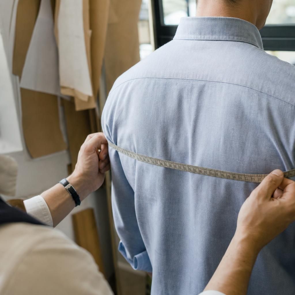 Tailor measuring a person’s shoulders and chest