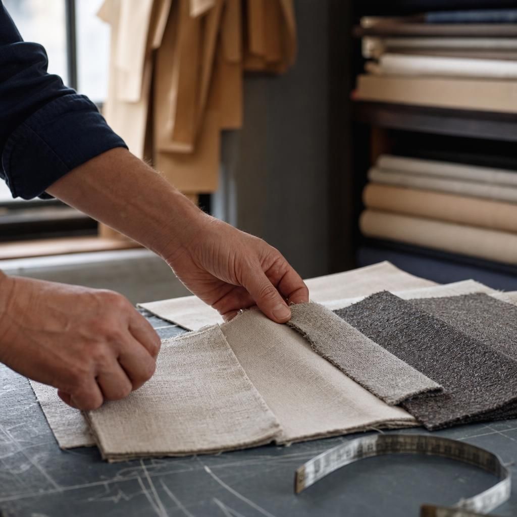 Hands arranging sustainable fabric swatches on worktable