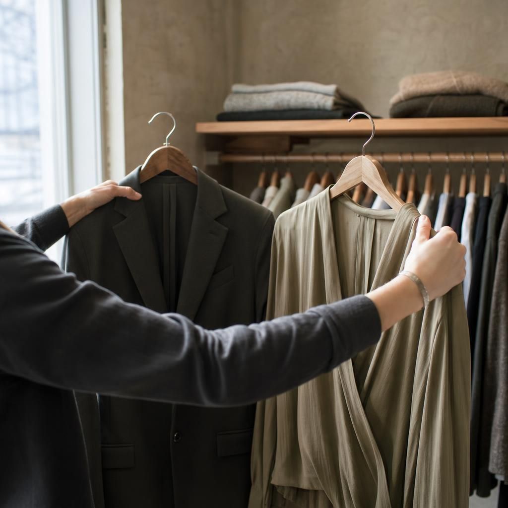 Cropped figure comparing two garments on a boutique rack