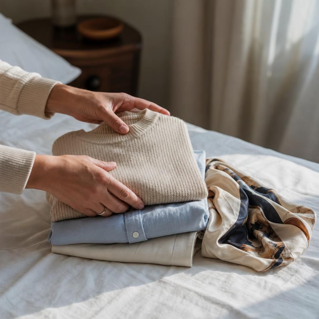Hands arranging clothes beside a handwritten mood list