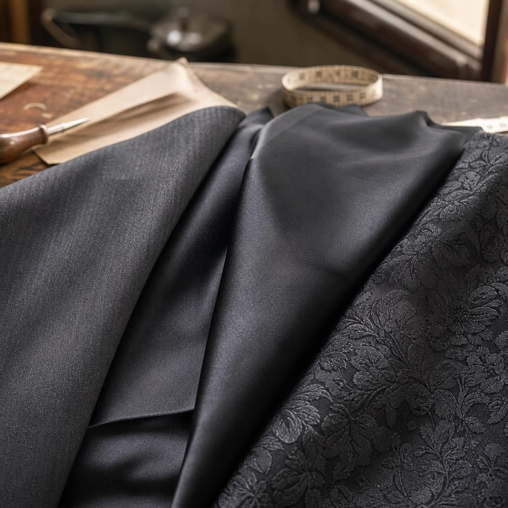 Formalwear fabrics and textures on a tailor's table