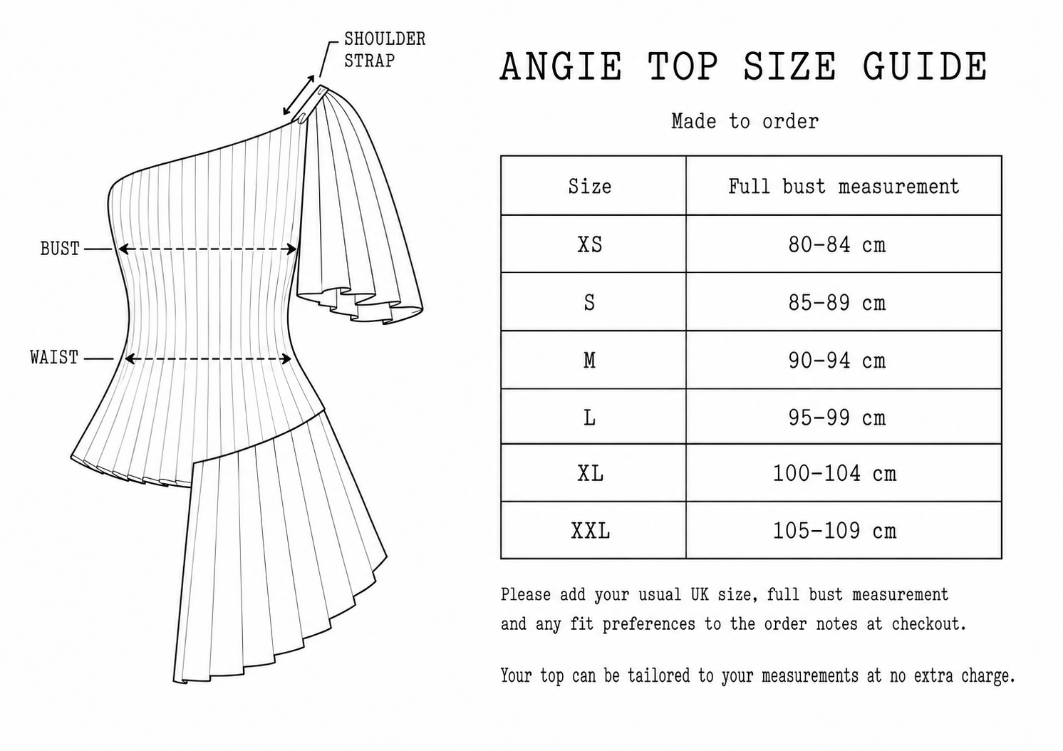 Angie Top size guide showing sizes XS to XXL with bust measurements and a technical sketch of the transformable one shoulder top