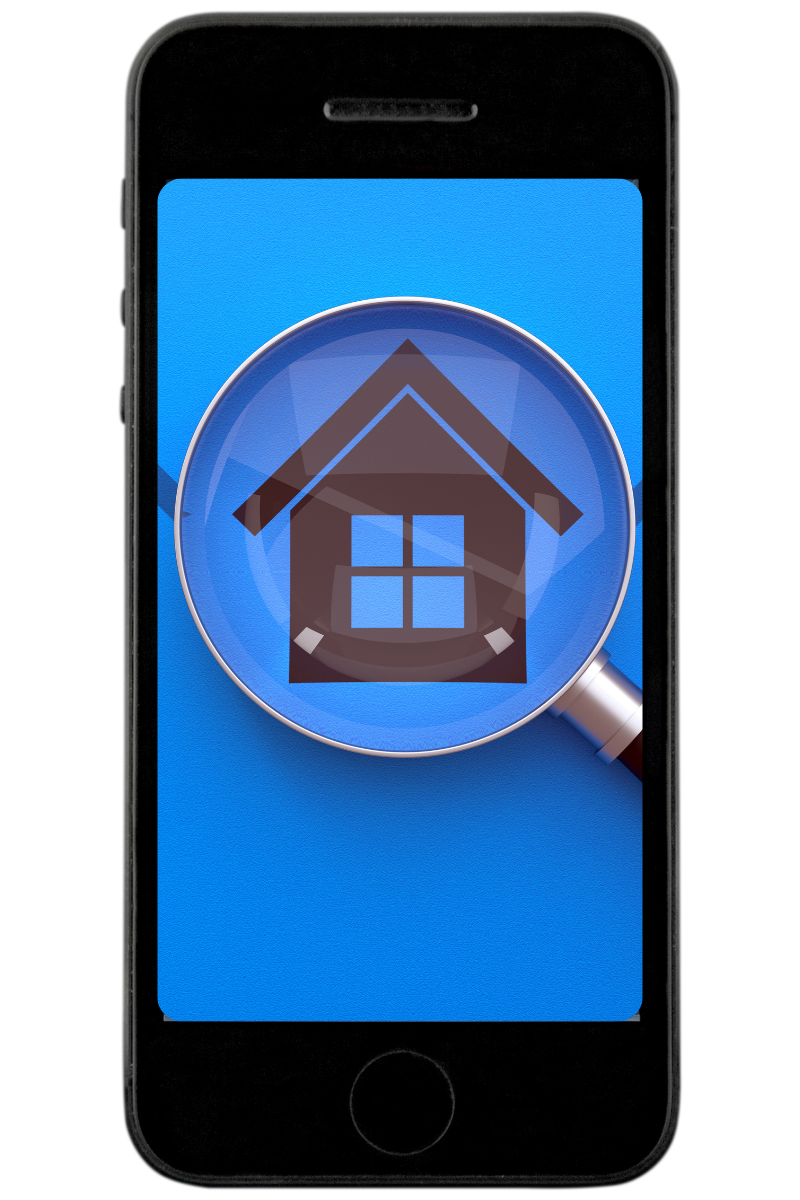 Smartphone displaying a house icon under a magnifying glass, set against a blue backdrop.