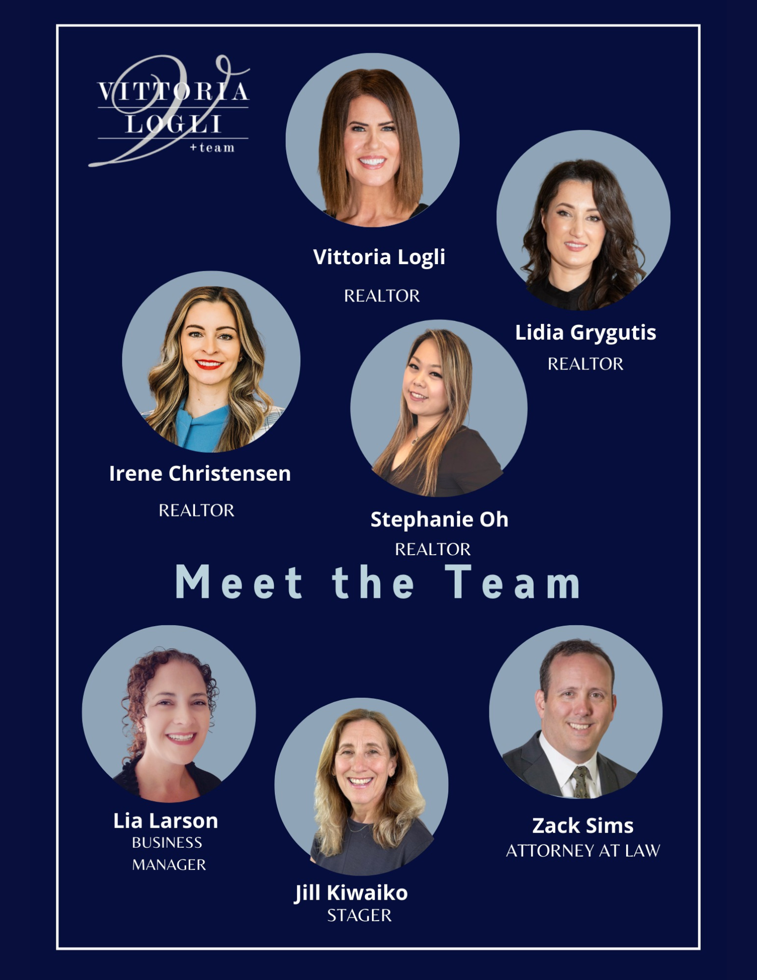 Team photo: seven professionals in a navy blue graphic. Includes names, titles and a 