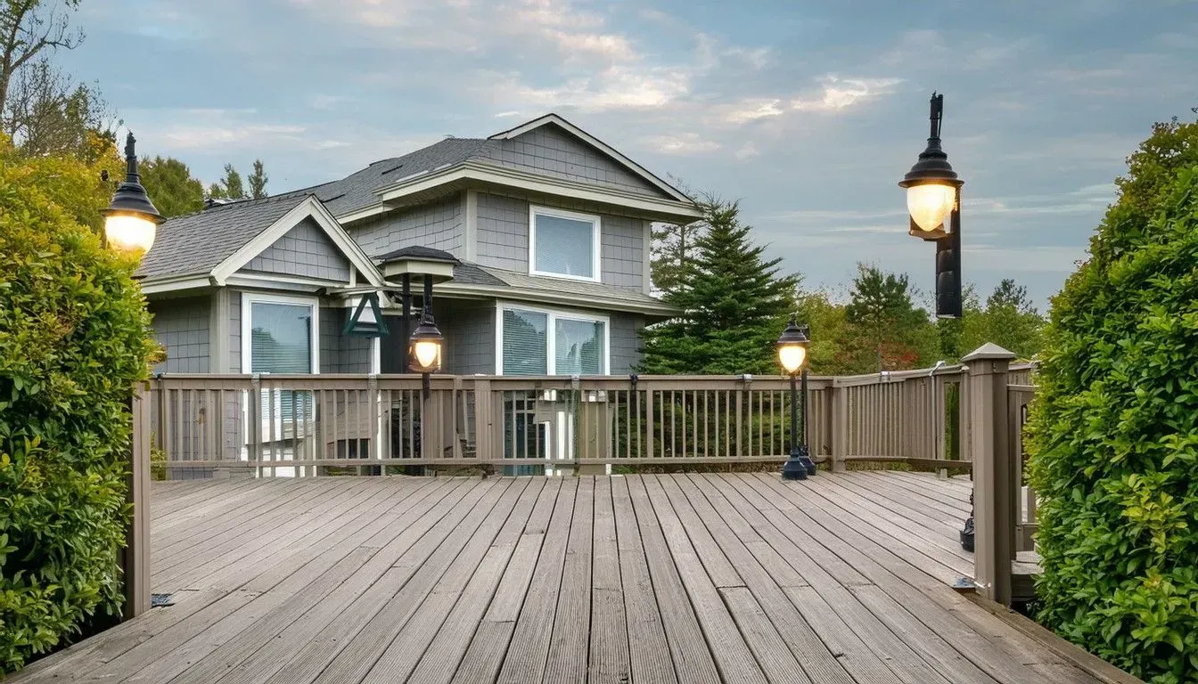 Modern wooden deck with grey house.