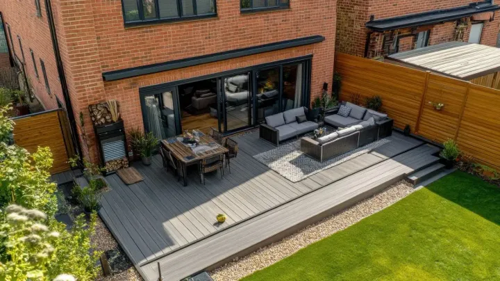 Modern grey deck with outdoor lounge.