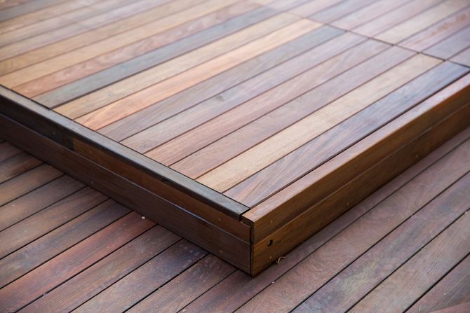 Modern multi-level wooden deck.