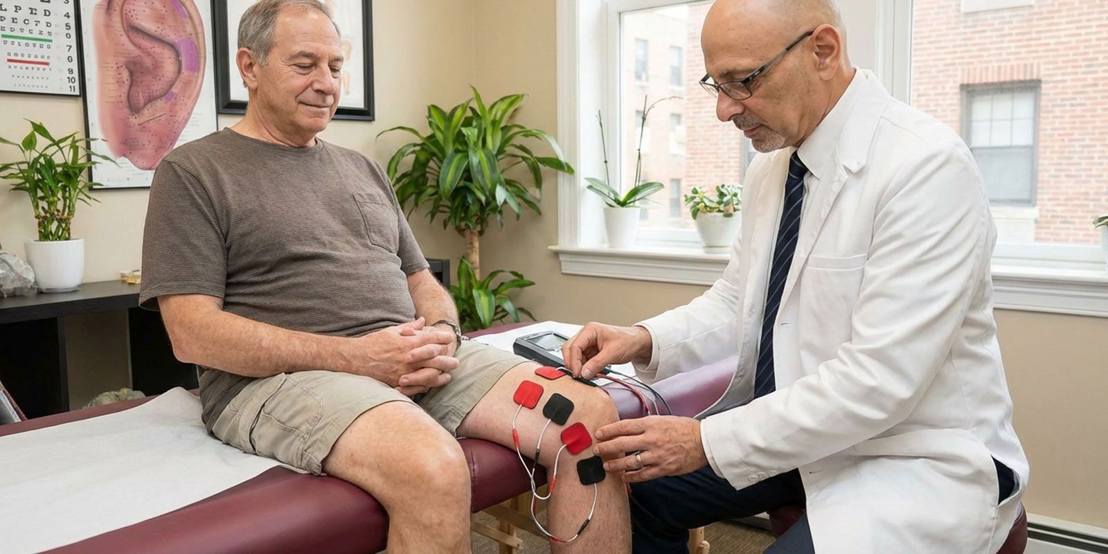 A patient getting Electrical Stimulation Acupuncture NYC by Marc Bystock L.Ac. Electrical Stimulation Acupuncturist in Midtown Manhattan NY 10016