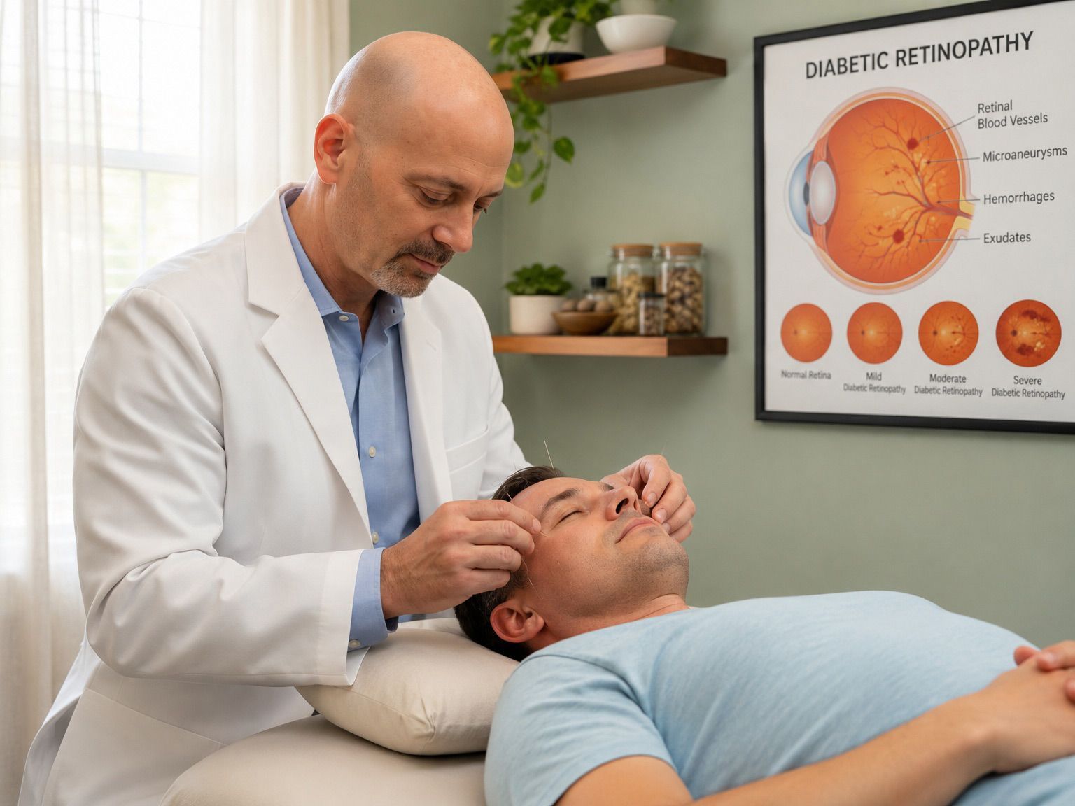 NYC Acupuncturist Marc Bystock examining a patient’s eye in a clinic, with a diabetic retinopathy poster in the background