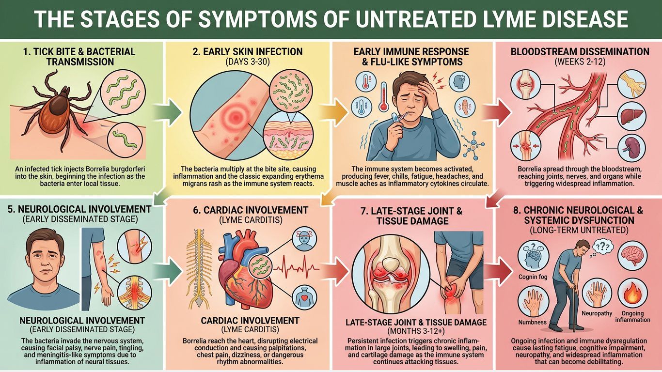 Click to Enlarge Infographic titled “The Stages of Symptoms of Untreated Lyme Disease” with tick and symptom illustrations by stage