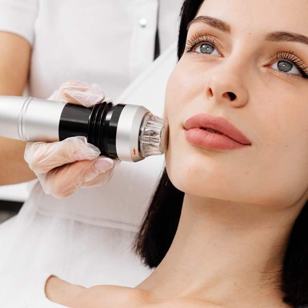 Woman receiving facial treatment with a handheld device; the treatment is done by a gloved hand.