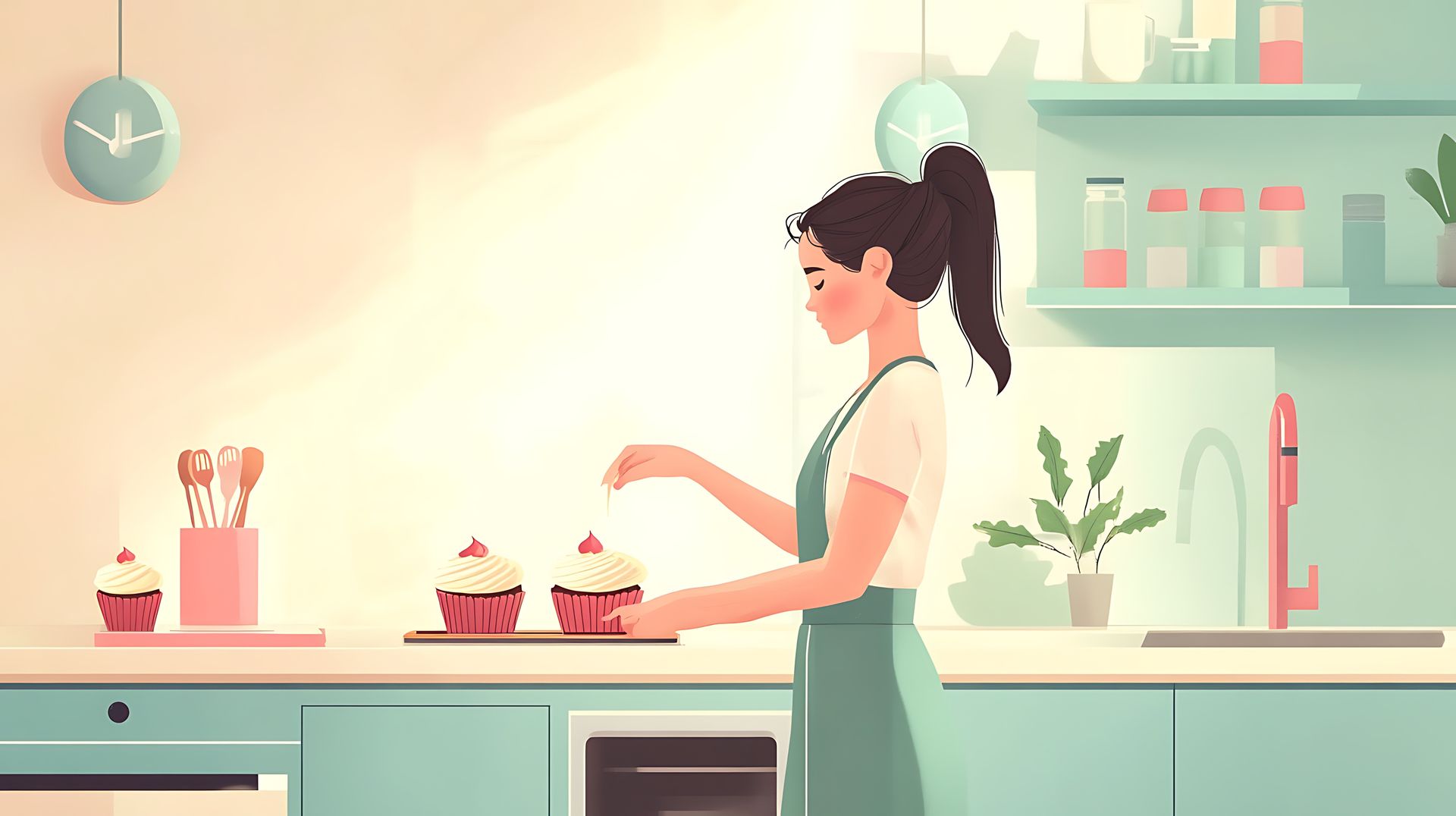 lady int he kitchen baking cakes to sell