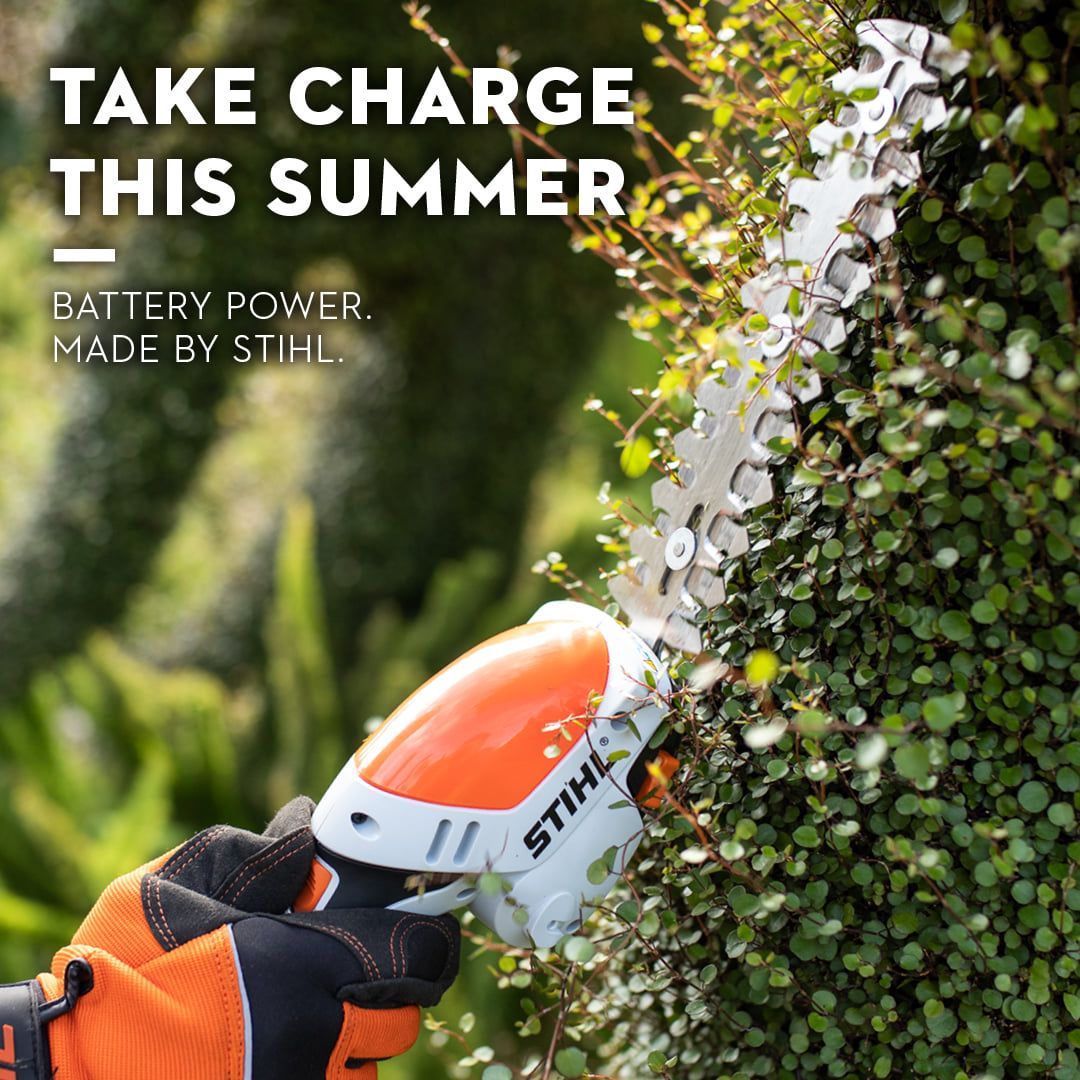 A person trimming a bush with a battery-powered STIHL trimmer, the text 