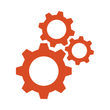 An icon with three red gears are connected to each other on a white background.