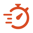 A red icon of a stopwatch on a white background.