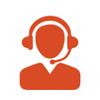 A red icon of a man wearing headphones and a microphone.
