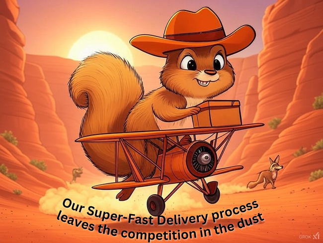 A squirrel in a cowboy hat is flying a plane with a brown box on top of the plane wing through a box canyon