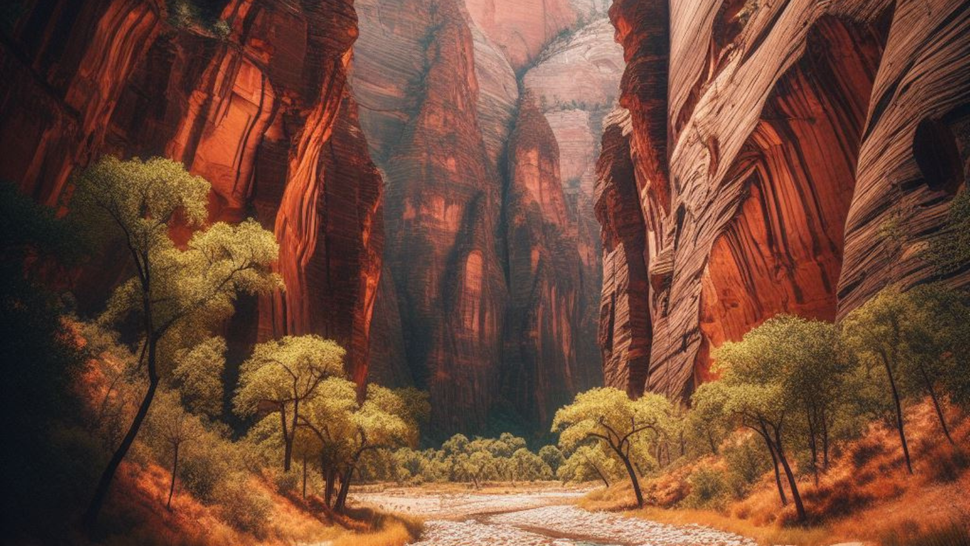 A river running through a box canyon surrounded by trees and rocks in southwest colors