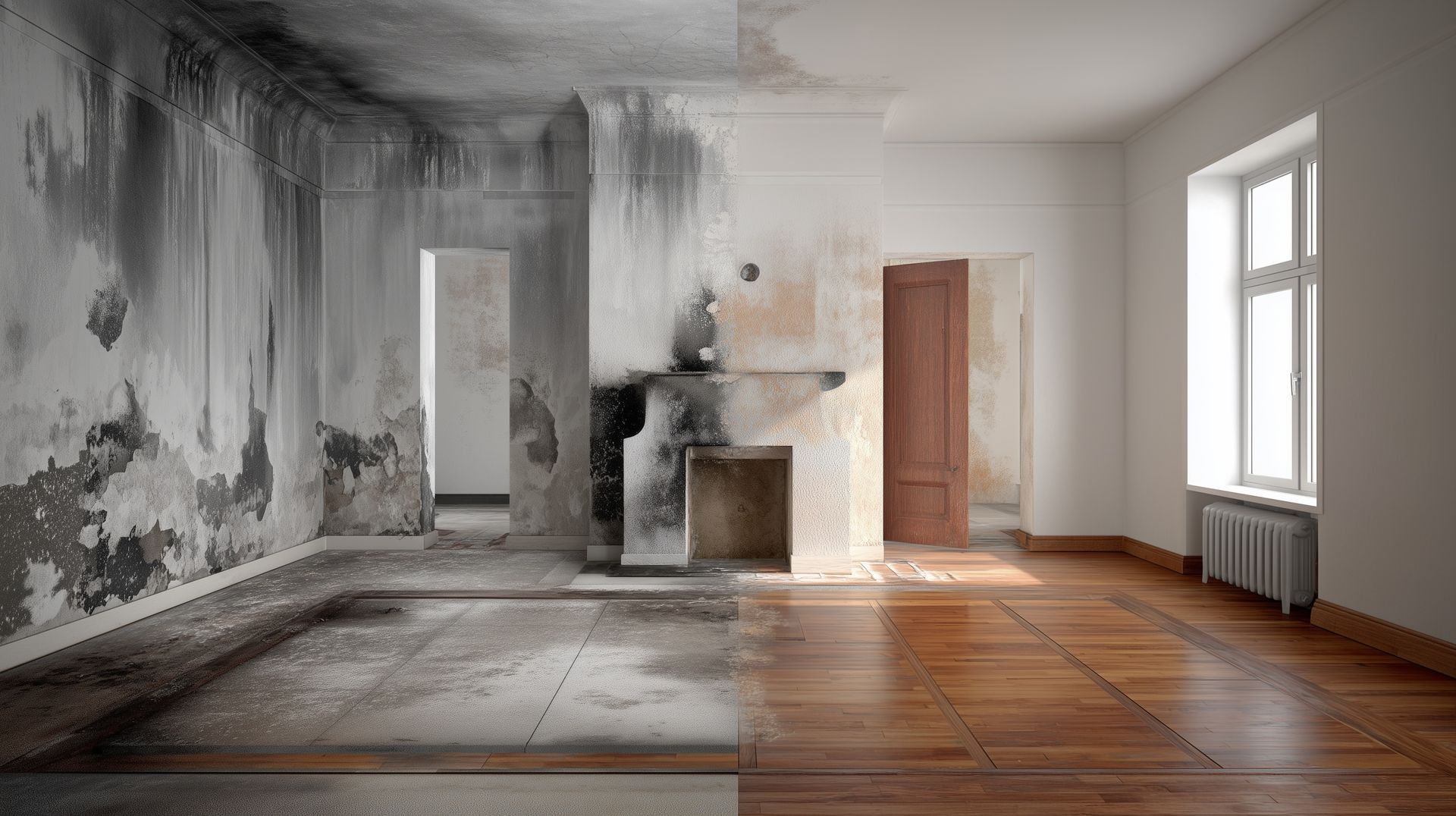 Water damage restoration before and after cleanup.