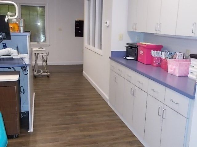 Dental office with cabinets, a blue countertop, and hallway.