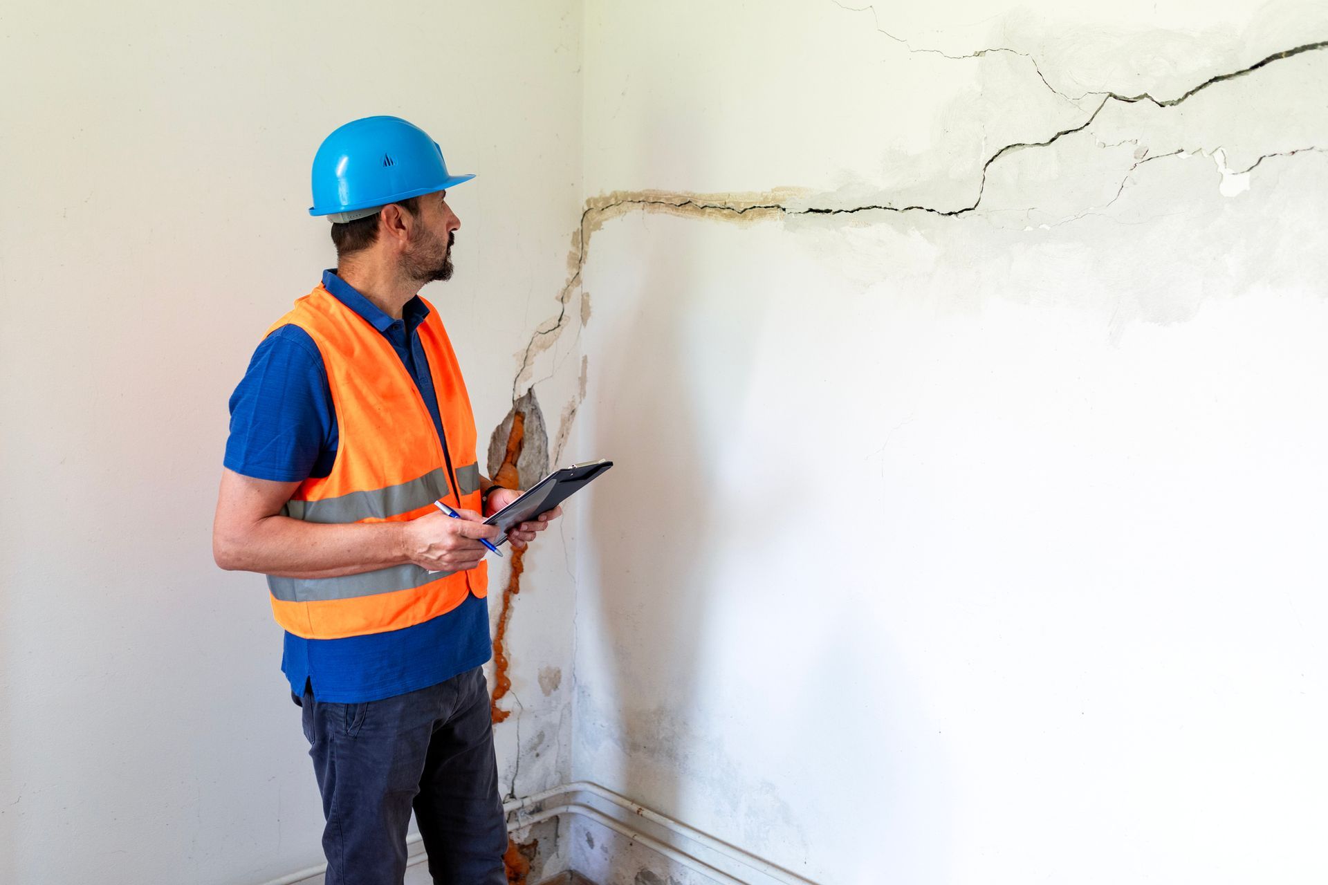 A man stands by a cracked wall, noticing the need for a home water damage cleanup service.