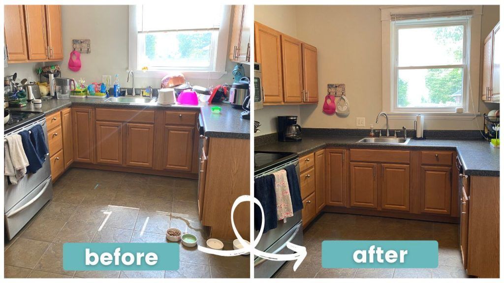 A before and after photo of a kitchen with wooden cabinets and granite counter tops.