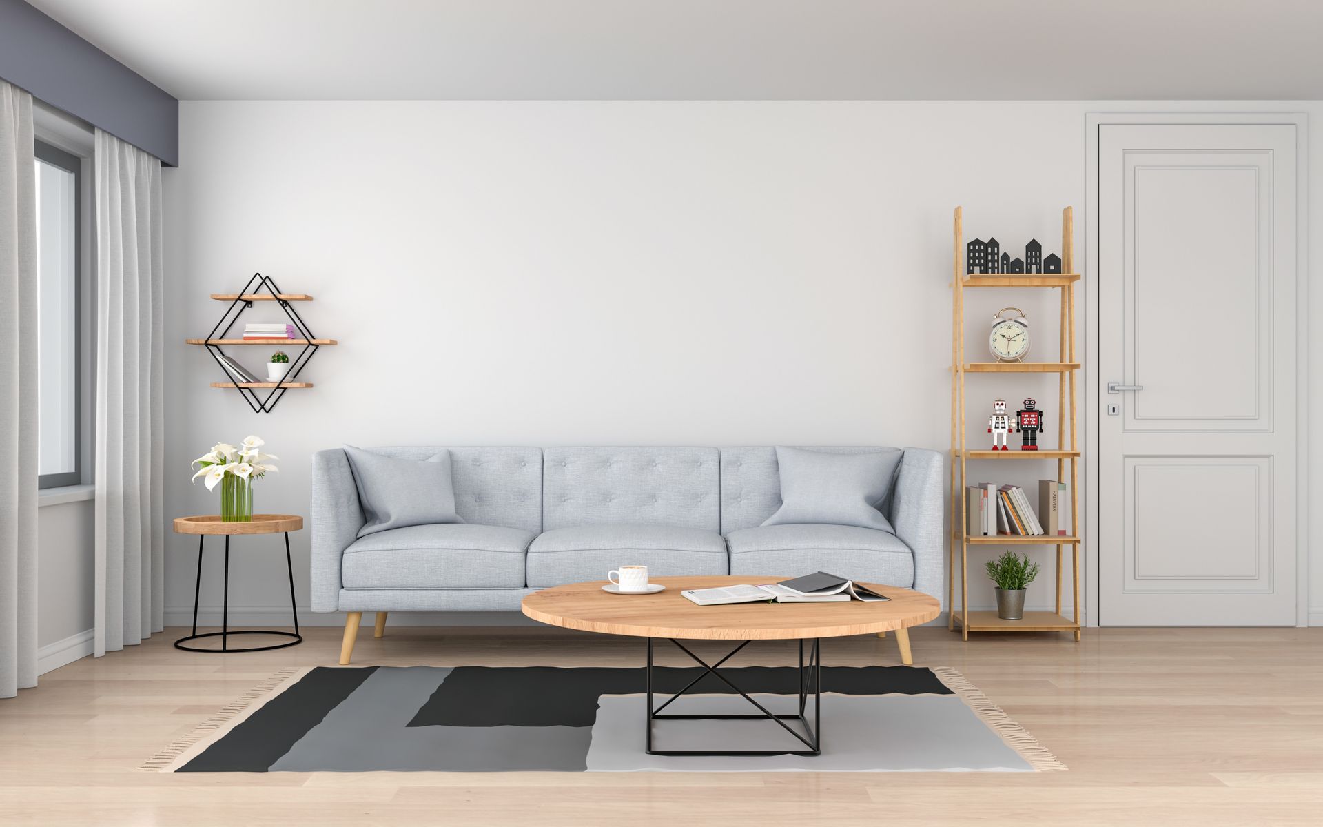 A living room with a couch and a coffee table.