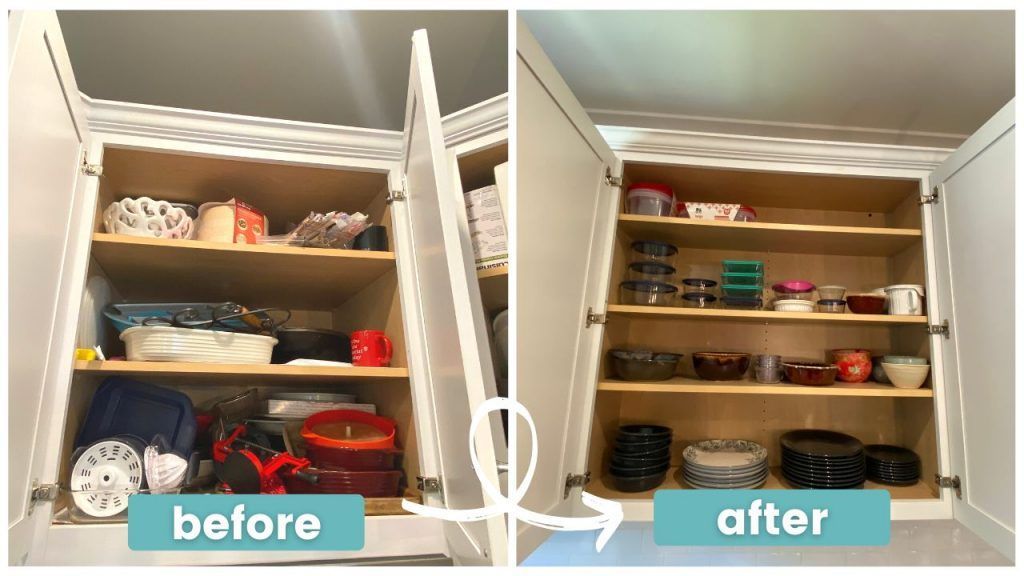 A before and after photo of a kitchen cabinet filled with dishes.
