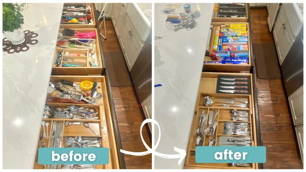 A before and after photo of a kitchen drawer filled with utensils.
